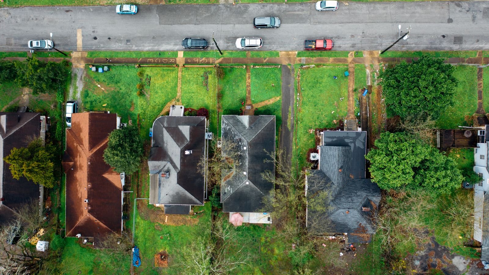 Rua residencial com casas e vegetação vista de cima